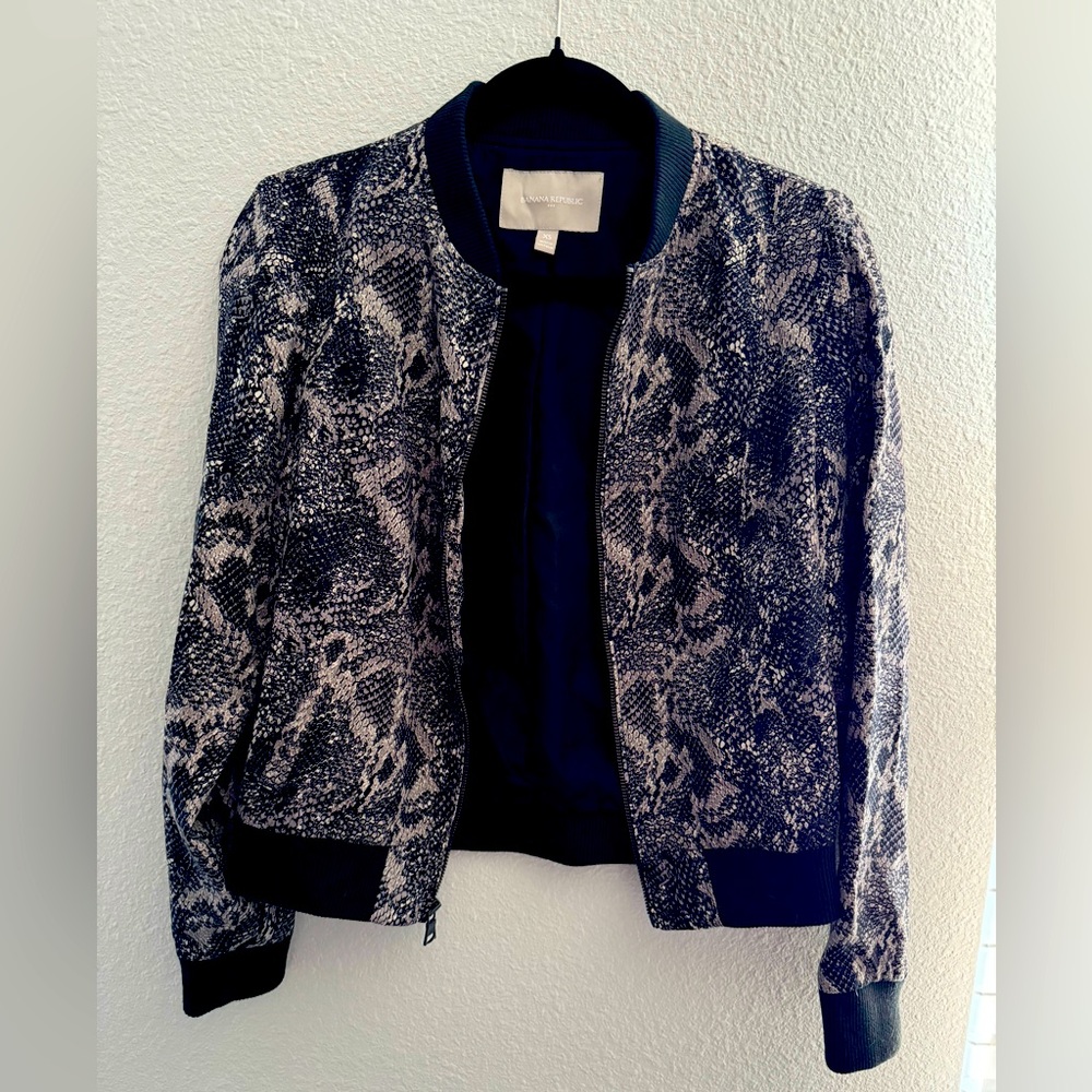 Banana Republic Snake print full zip bomber jacket.